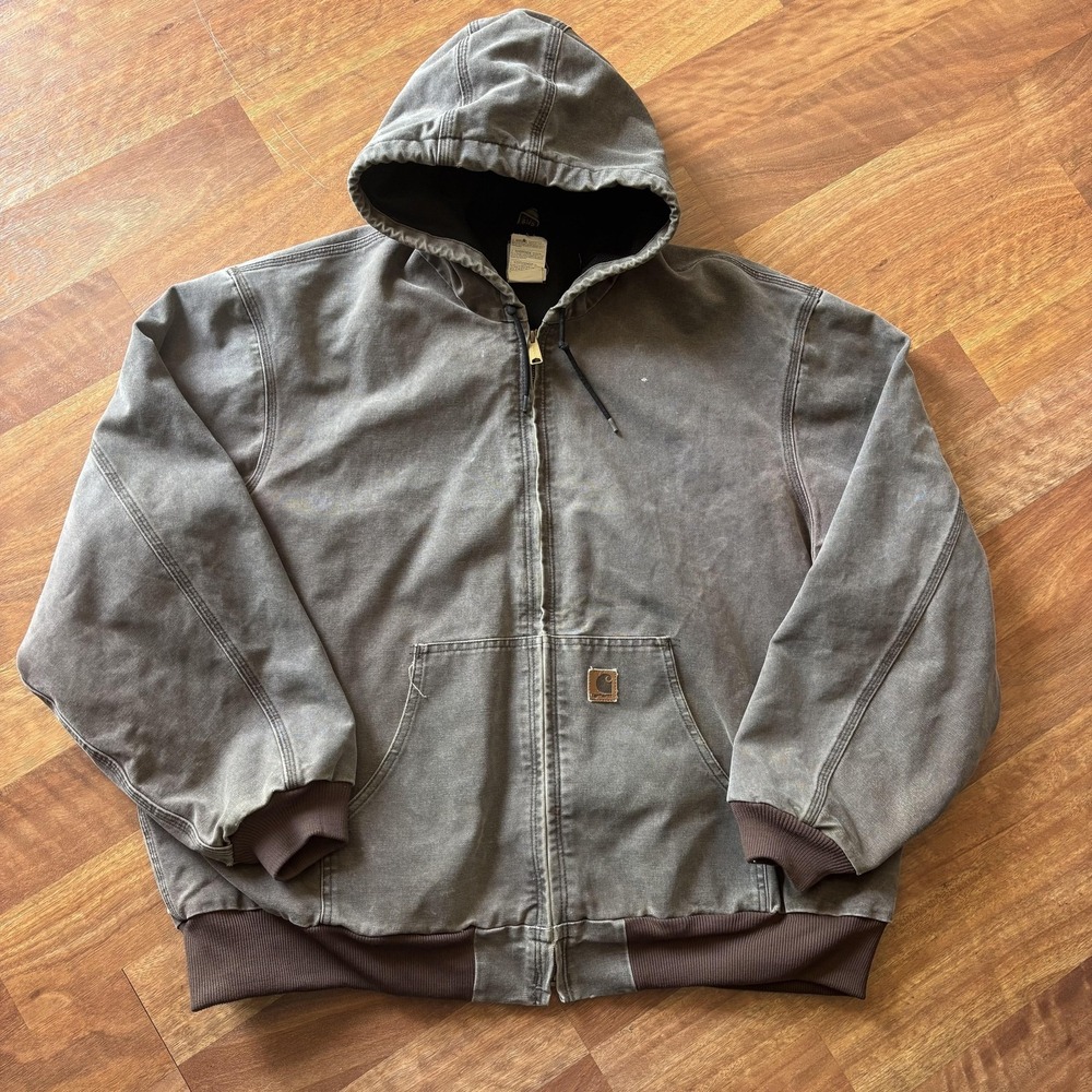 Carhartt Jacket Mens 3XL Brown Hooded Canvas Bomber Full Zip Lined J25 CHT